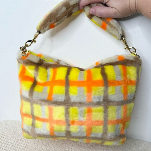 Ugg Duffy Shoulder Bag Orange Yellow Tartan Faux Fur Slouchy Purse - Picture 4 of 8